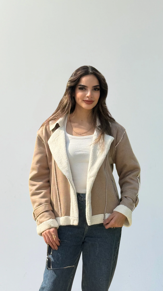 Too Blessed Fur Leather jacket- Sand