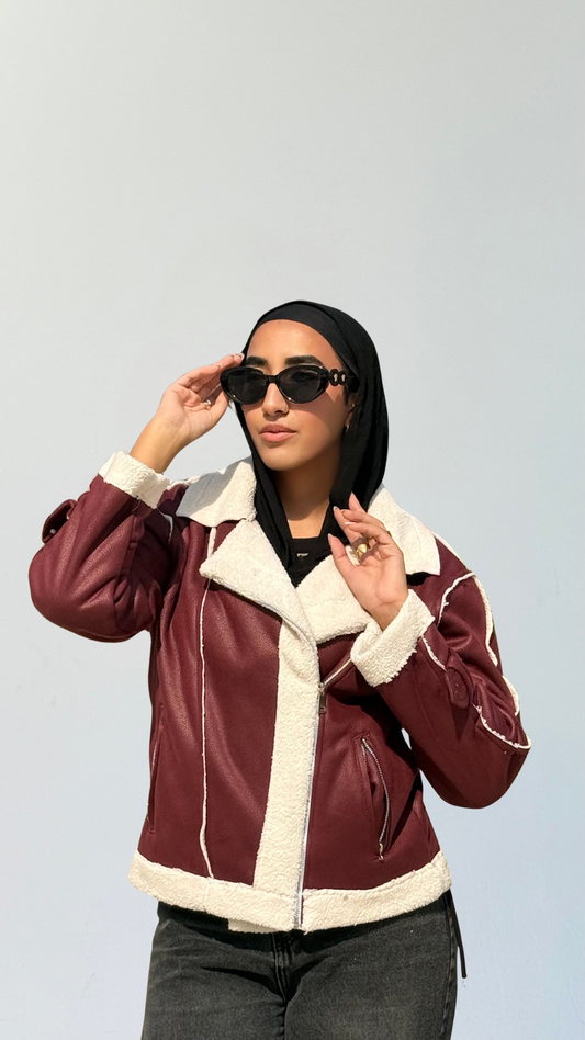 Too Blessed Fur Leather jacket- Burgundy