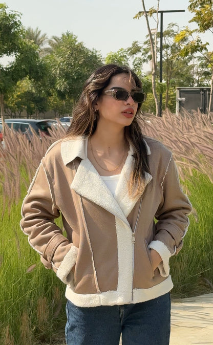 Too Blessed Fur Leather jacket- Sand