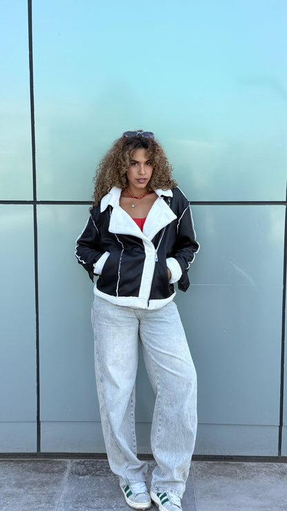 Too Blessed Leather Fur jacket- Balck