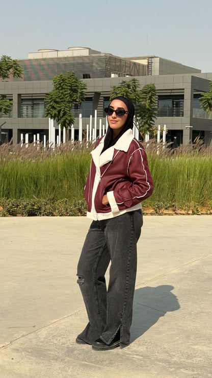 Too Blessed Fur Leather jacket- Burgundy